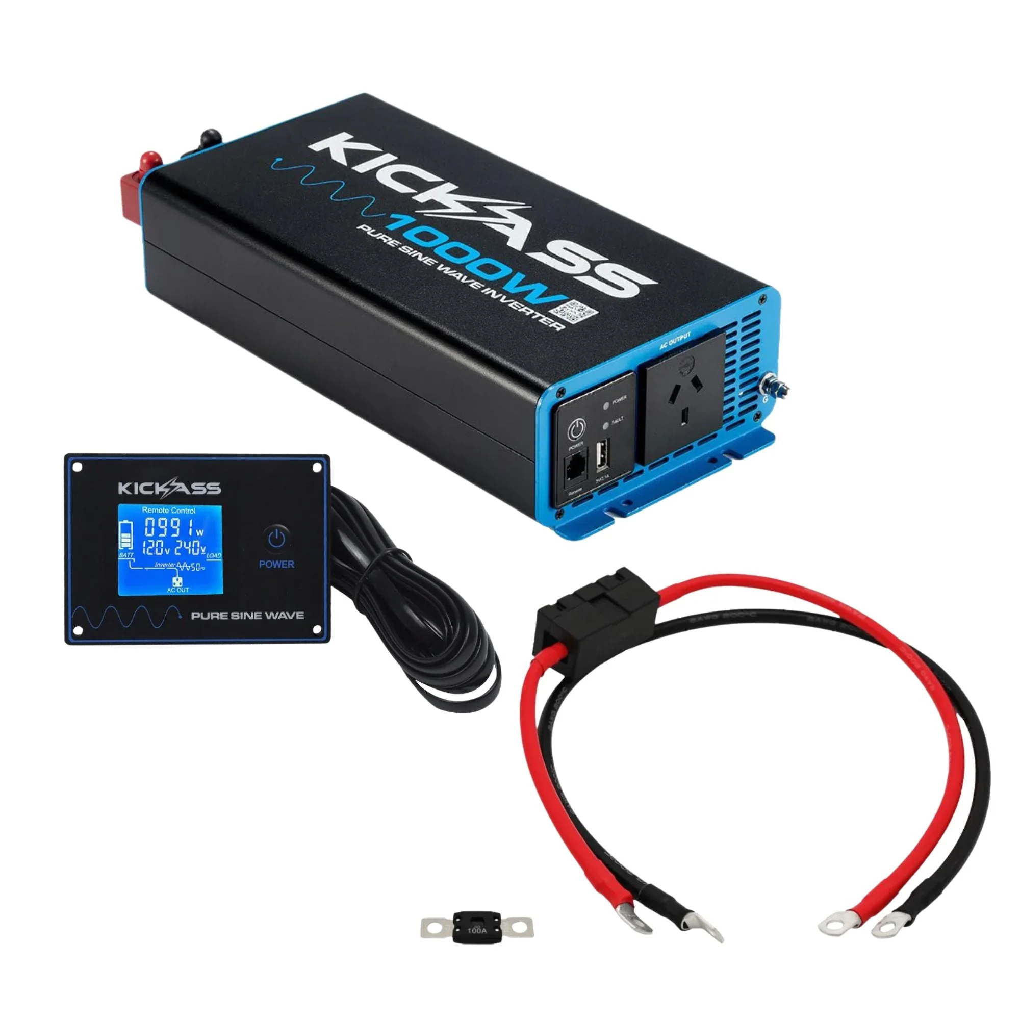 KickAss 1000W Pure Sine Wave Inverter Bundle with Remote Display Panel & Premium Wiring Kit