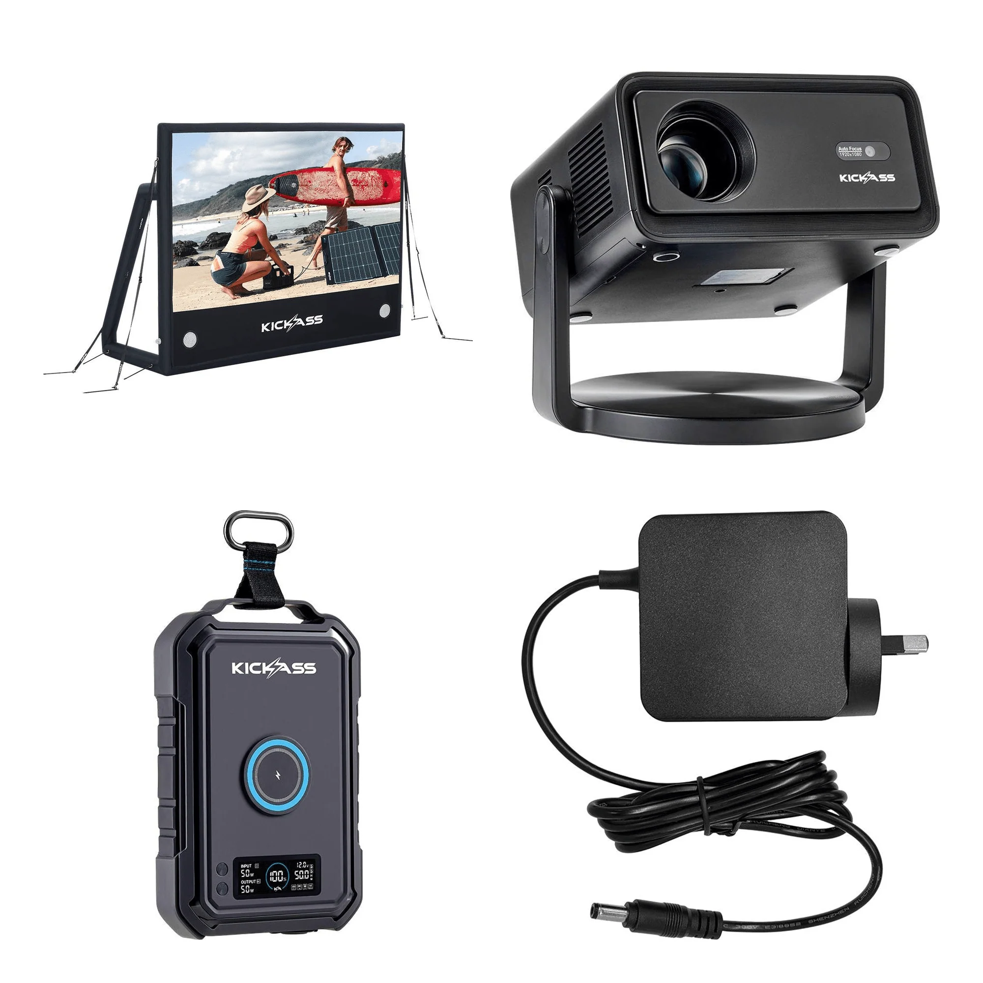 KickAss 120” Portable Outdoor Cinema AirScreen Bundle with Smart Projector, 12Ah Power Pack & AC Adapter