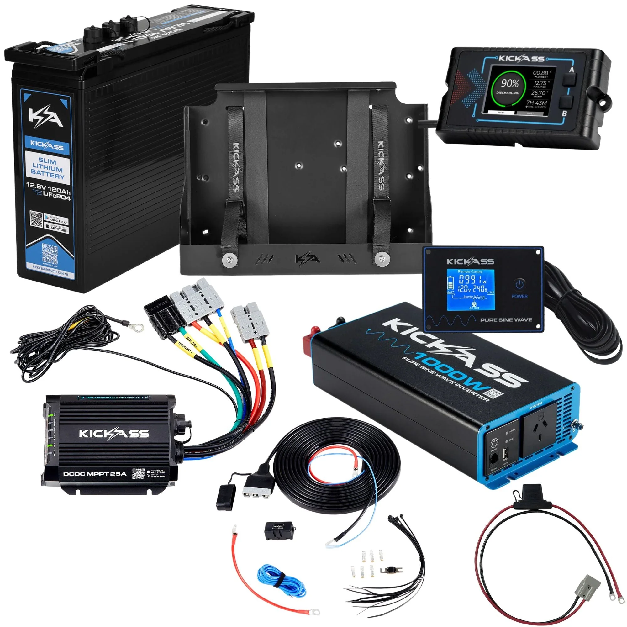 KickAss Smart 12V 120Ah Lithium Complete Dual Battery Kit with 1000W Inverter, 25A DCDC Charger, Display Panel, Tray & Wiring