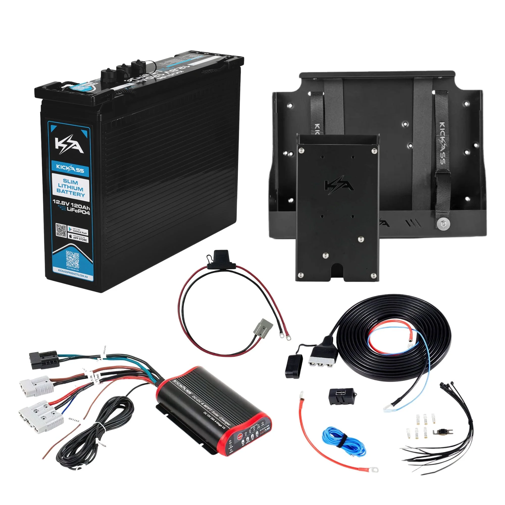 KickAss Smart 12V 120Ah Slimline Lithium Essentials Dual Battery Kit with 25A DCDC Charger, Tray & Wiring