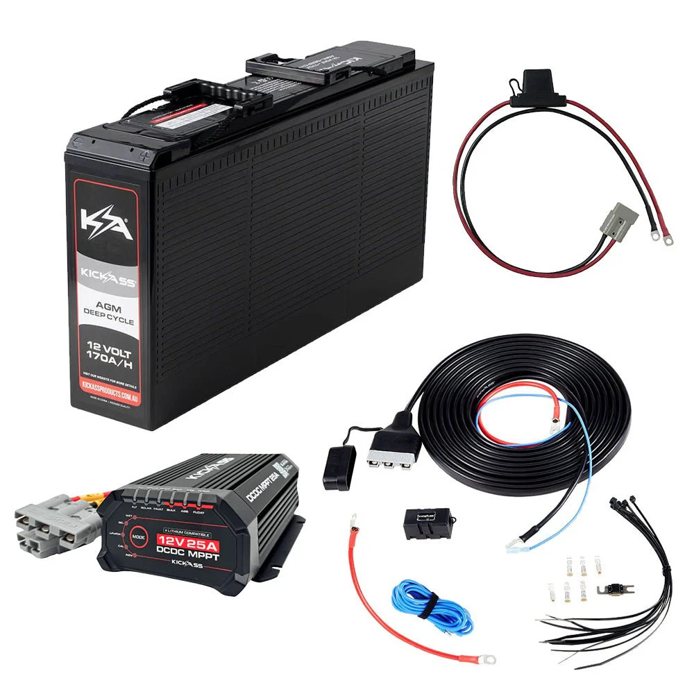 KickAss 12V 170Ah Slimline AGM Essentials Dual Battery Kit with 25A DCDC Charger, Wiring Kit and Maxi Fuse Holder
