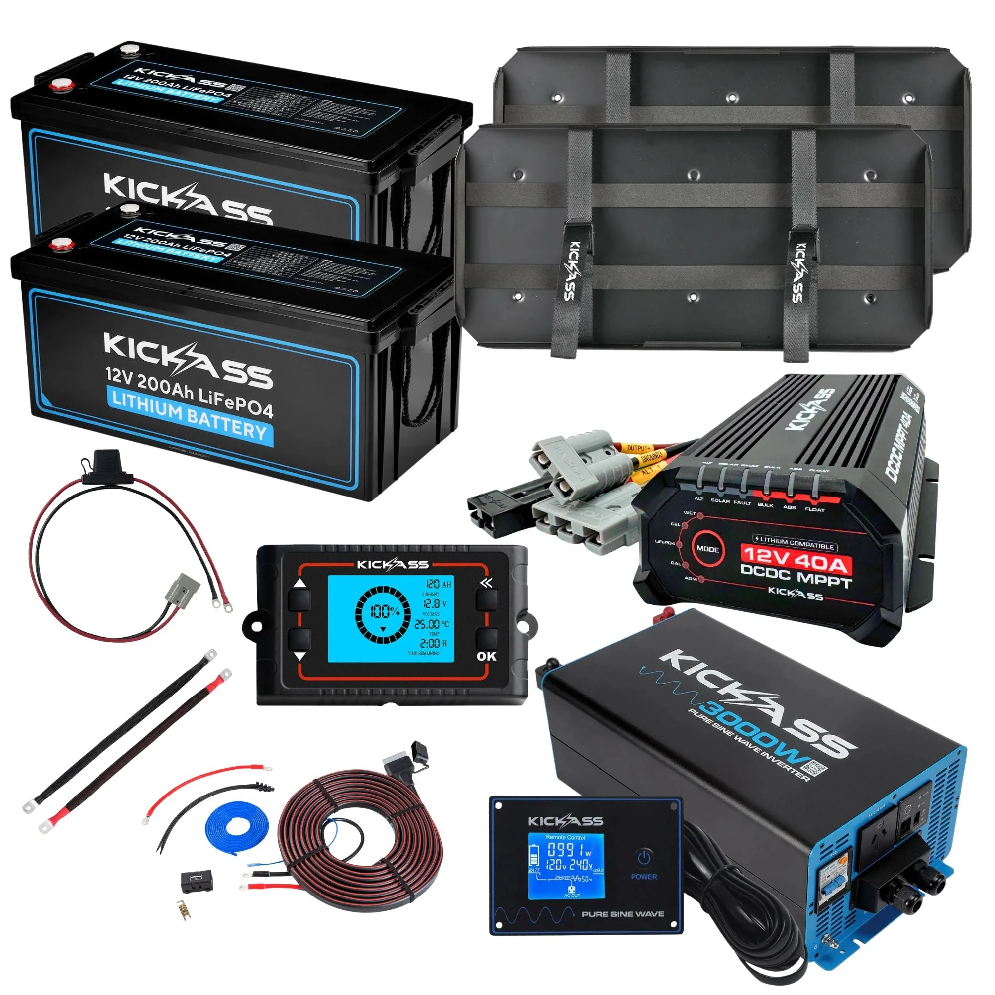 KickAss 12V 200Ah Lithium Dual Battery Kit with 3000W Inverter, 40A DCDC Charger, Display Panel, Tray & Wiring - 400Ah Capacity