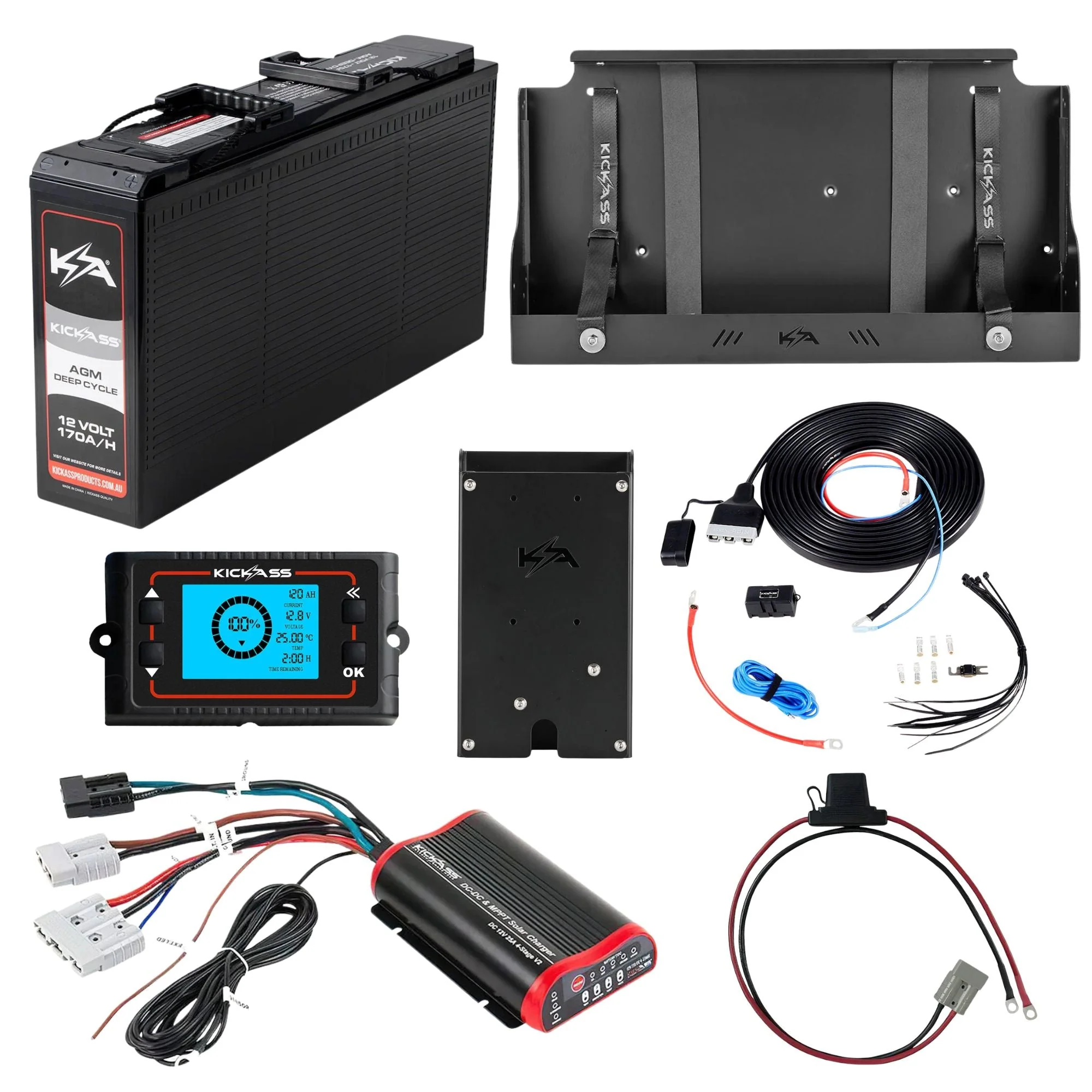 KickAss 12V 170Ah Slimline Deep Cycle AGM Complete Dual Battery Kit with 25A DCDC Charger, Shunt, Tray & Wiring