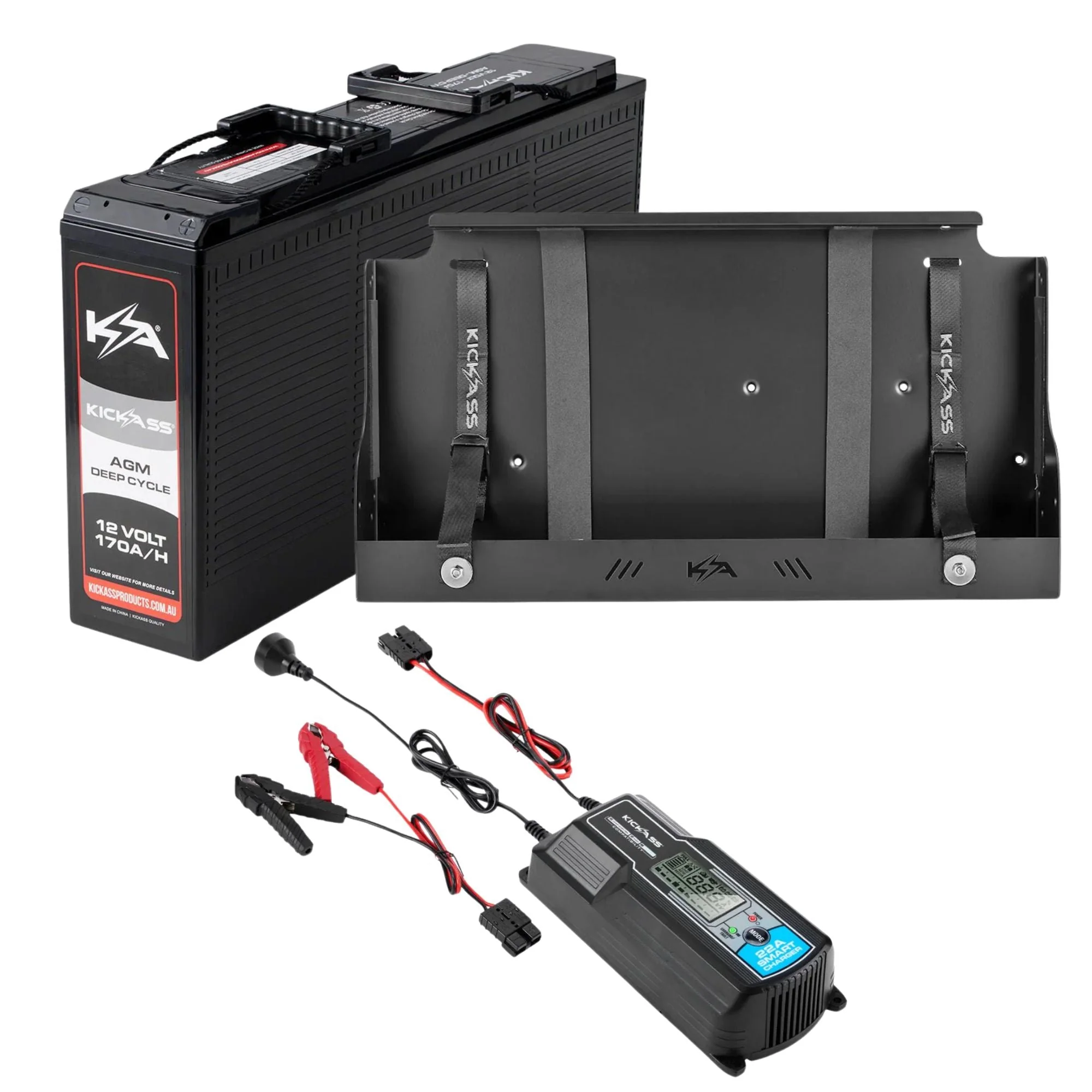 KickAss 12V 170Ah Slimline Deep Cycle AGM Battery Bundle with 22A Charger & Tray