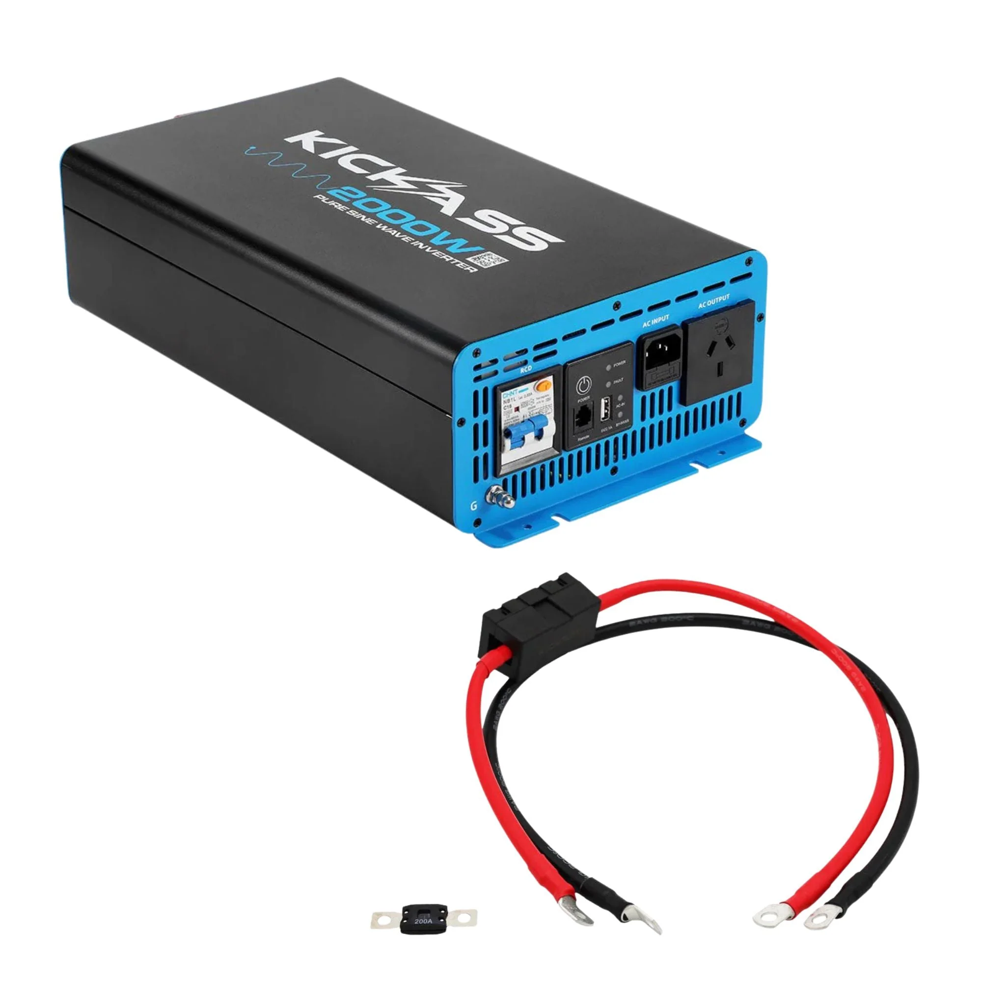 KickAss 2000W Pure Sine Wave Inverter + Premium Wiring Kit Bundle