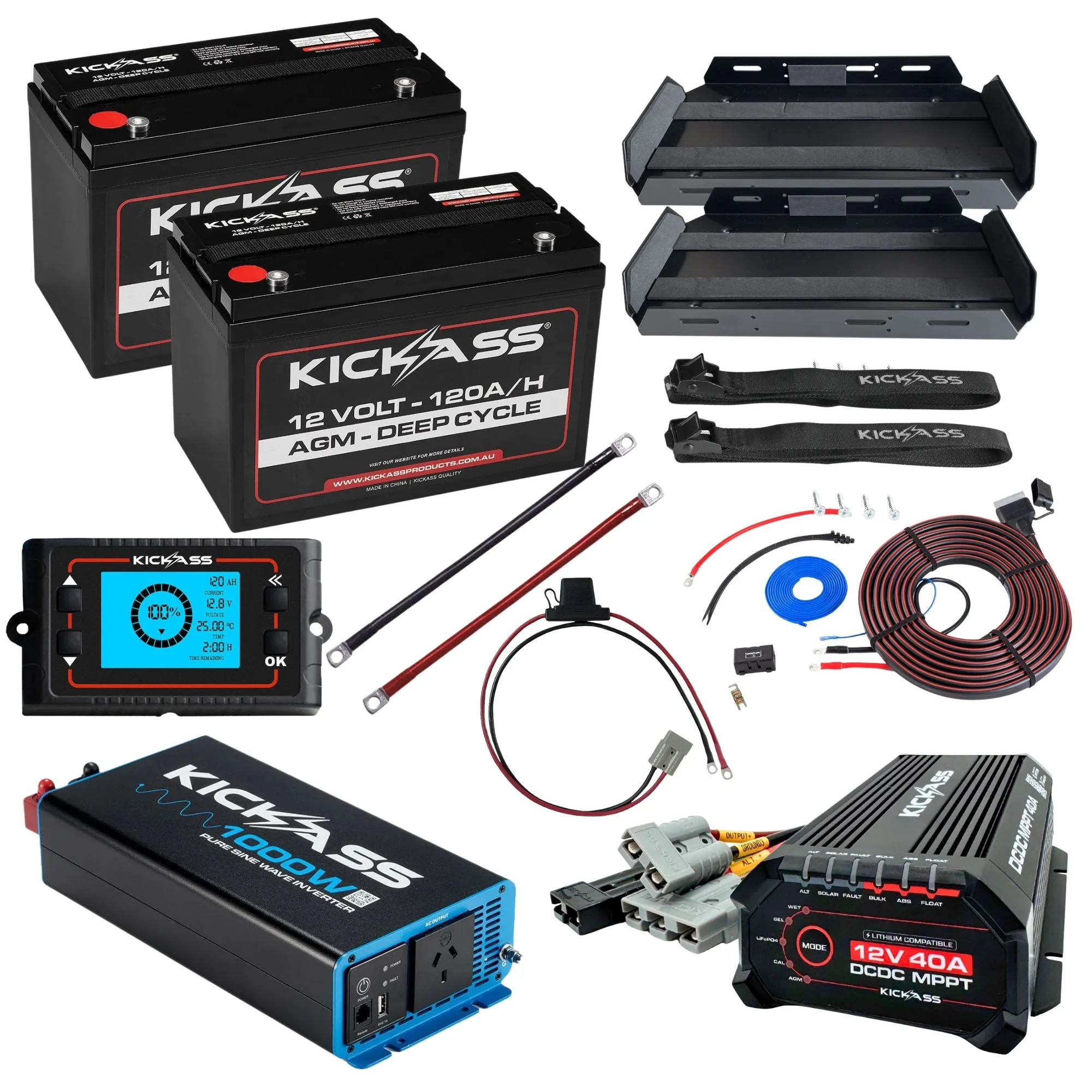 KickAss Twin 12V 120Ah Deep Cycle AGM Complete Dual Battery Kit with 1000W Inverter, 40A DCDC Charger, Tray & Wiring - 240Ah Capacity