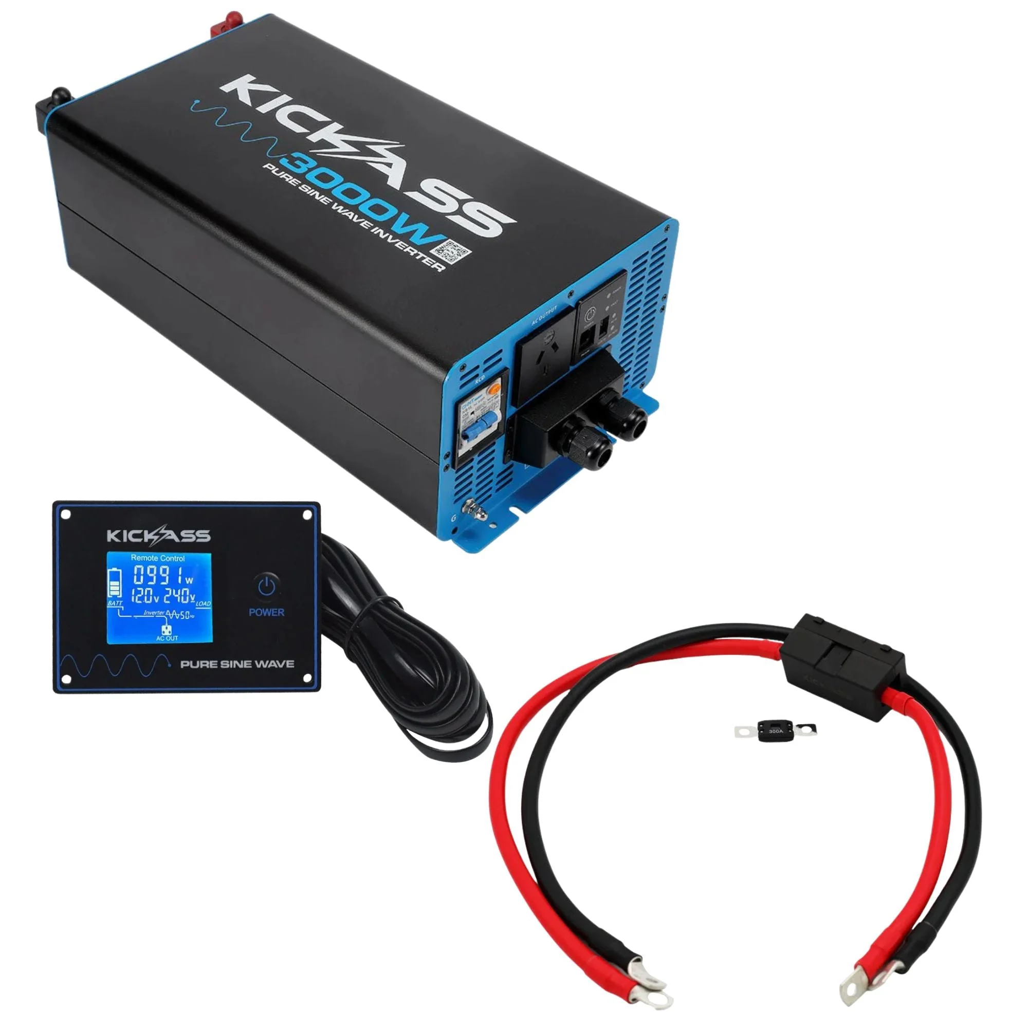 KickAss 3000W Pure Sine Wave Inverter Bundle with Remote Display Panel & Premium Wiring Kit
