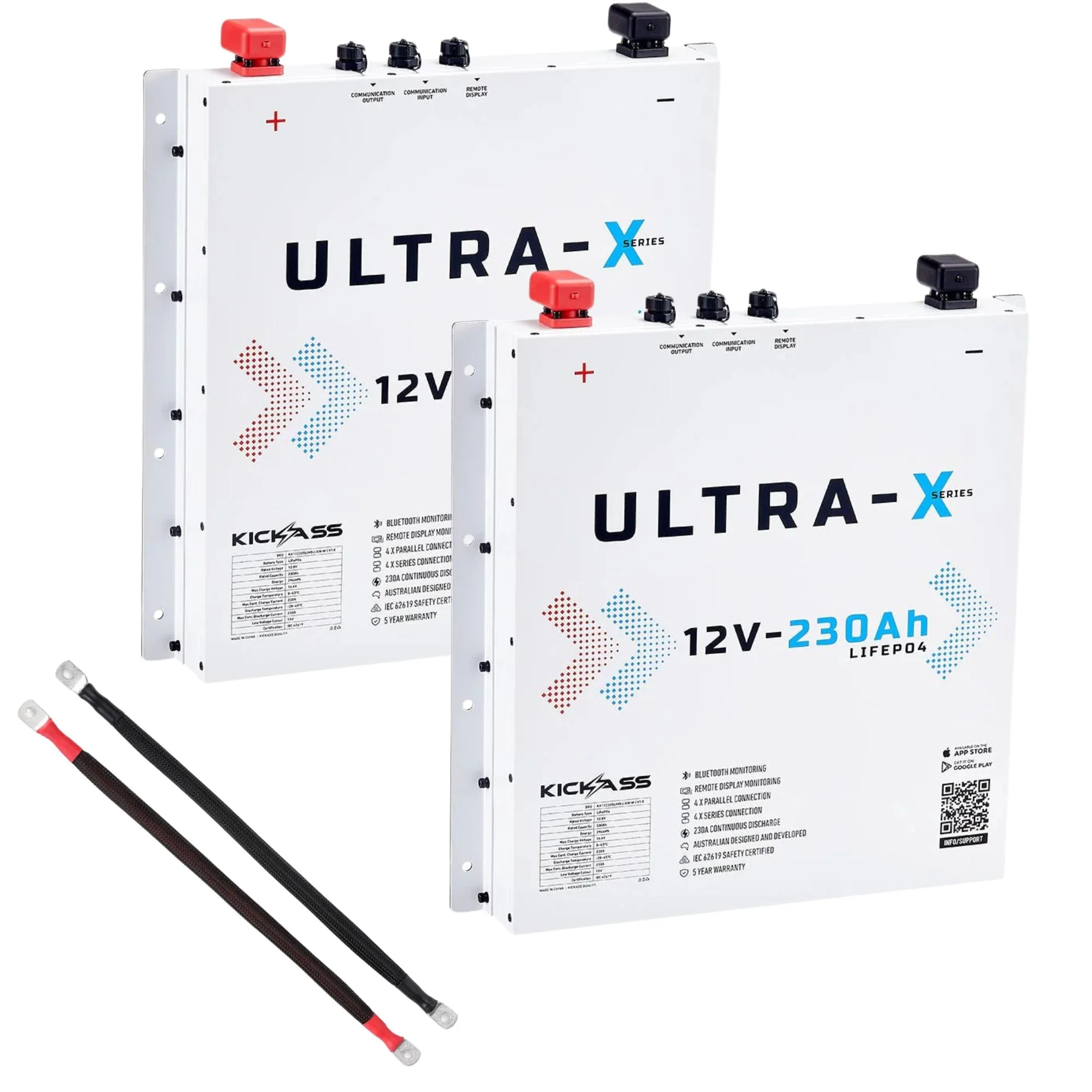 KickAss Twin Smart 12V 230Ah Ultra-X Lithium Slimline Battery Bundle with Linking Cables - Arctic White, 460Ah Total Capacity