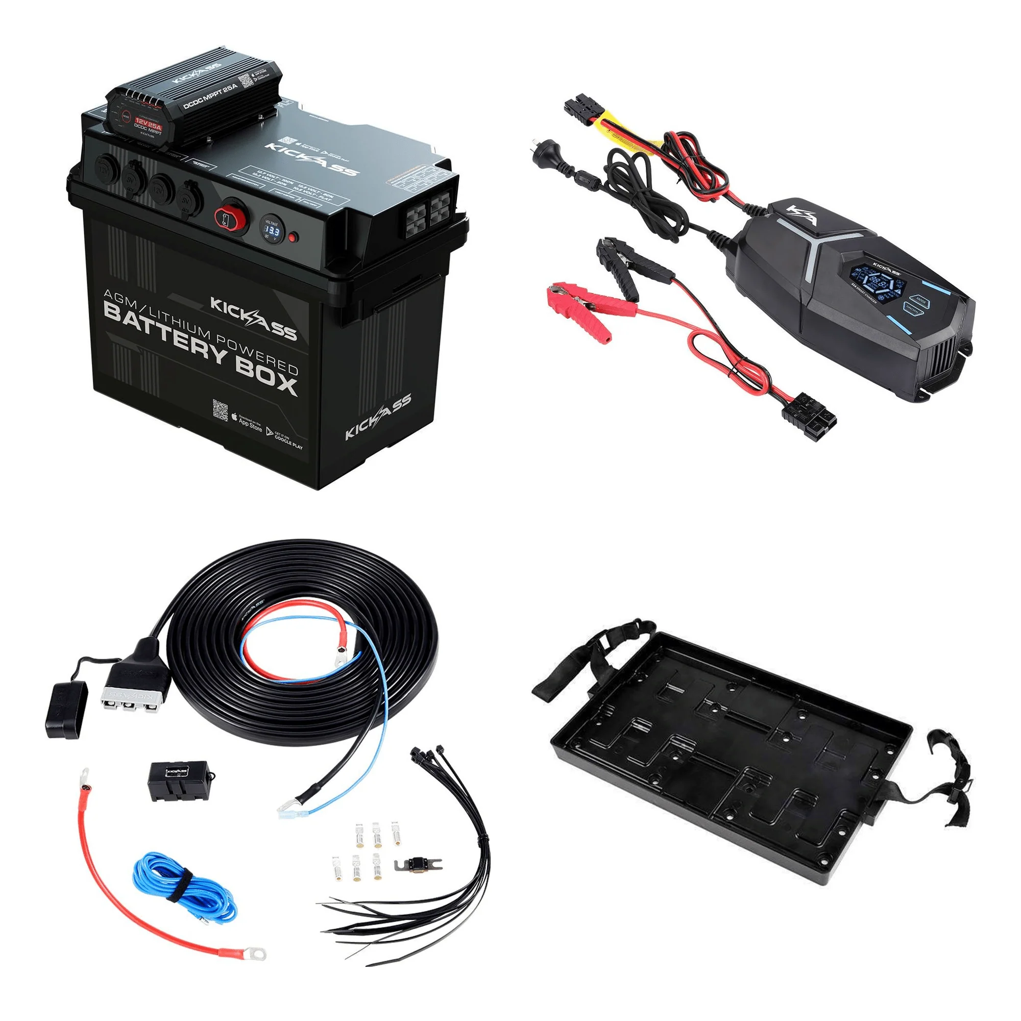 KickAss Battery Box with 25A DCDC Charger Bundle with 32A ACDC Charger, Wiring Kit & Battery Box Tray