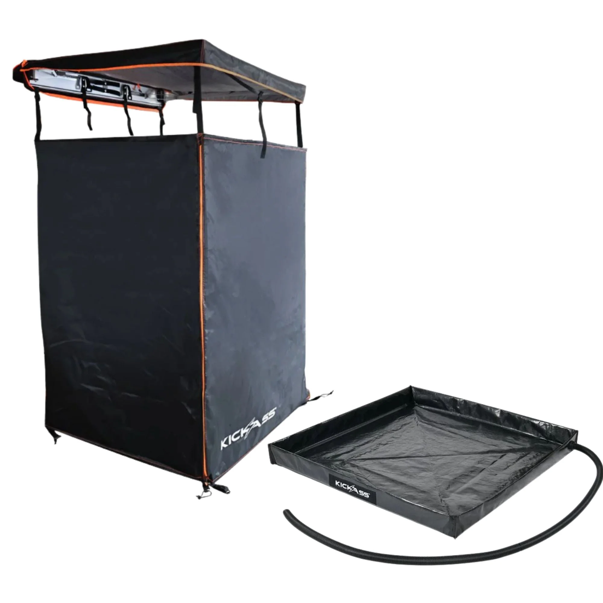KickAss Shower Awning with Roof + Base Bundle - Black & Orange