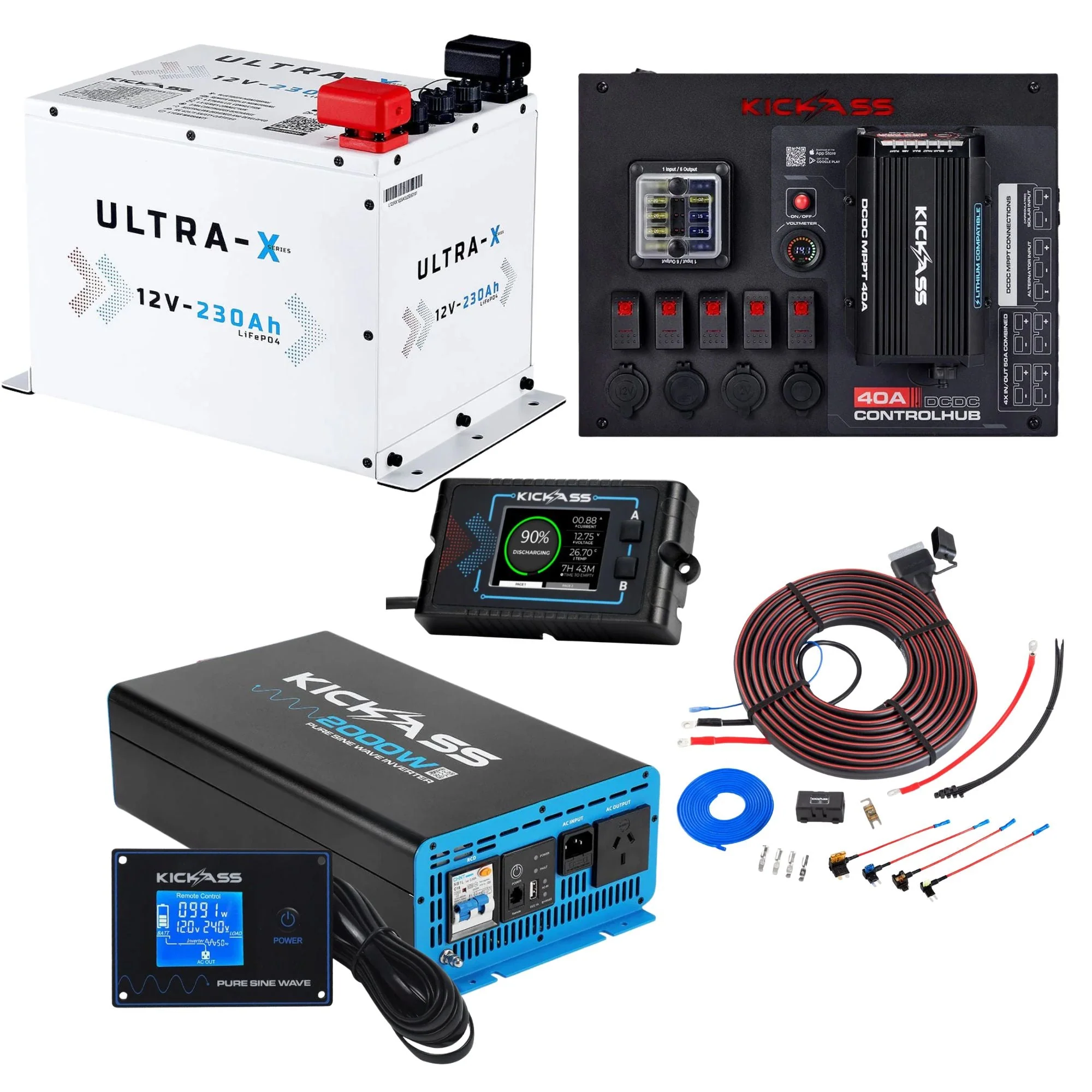 KickAss Ultra-X 230Ah Compact Lithium Complete Dual Battery Kit with Control Hub & 2000W Inverter - White