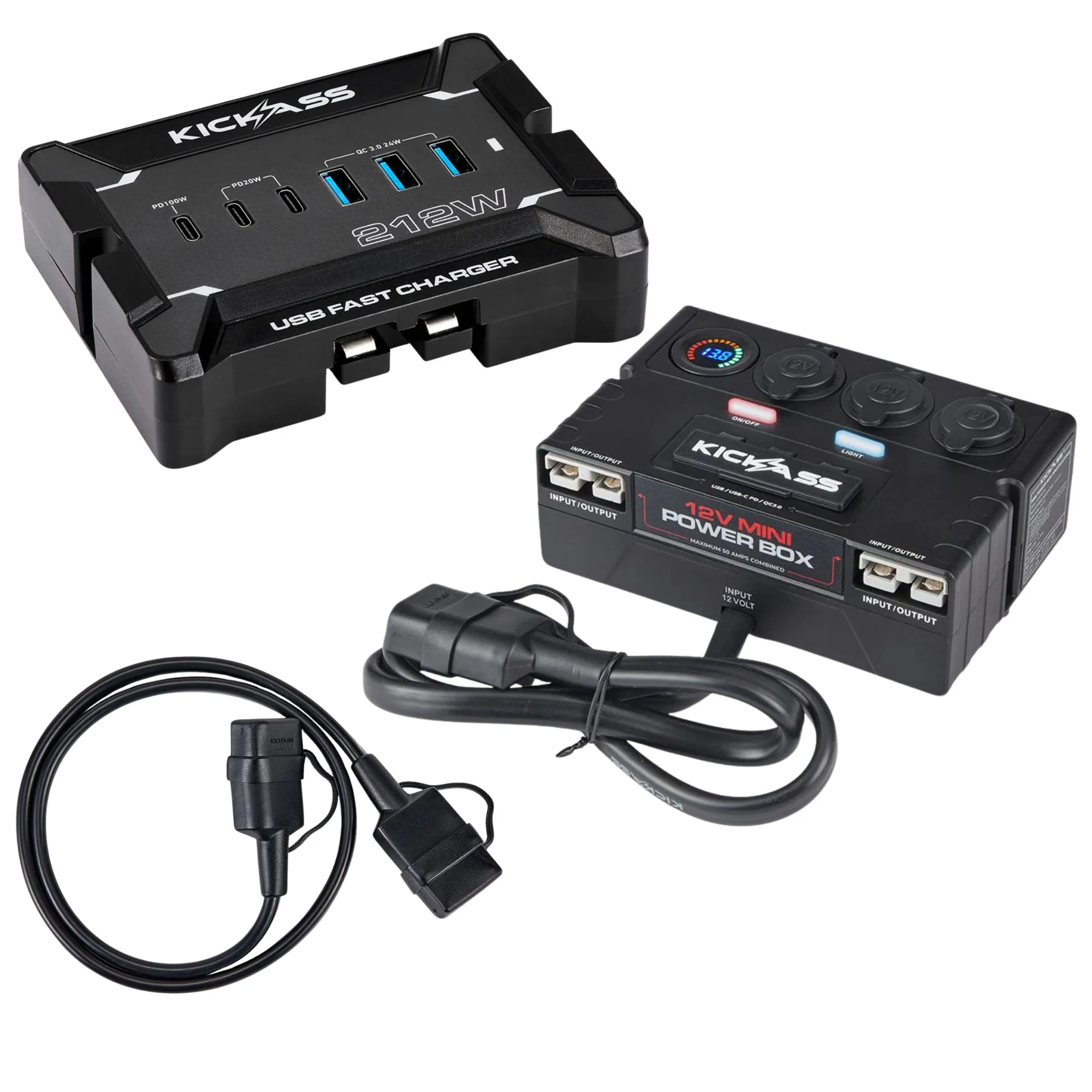 KickAss 12V USB Fast Charger Bundle with Power Box & Extension Cable - 1m